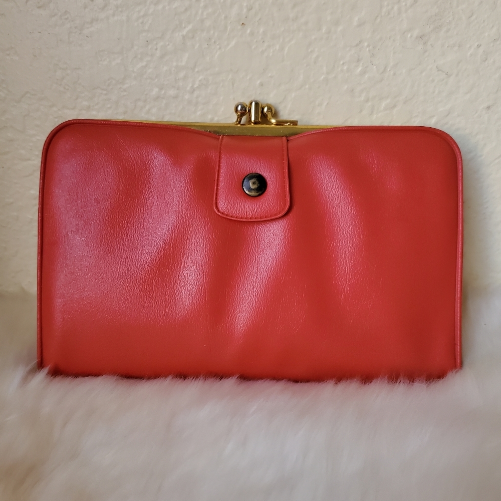 Leather Kisslock Card Check Pen Holder Coin Wallet Orange Vintage